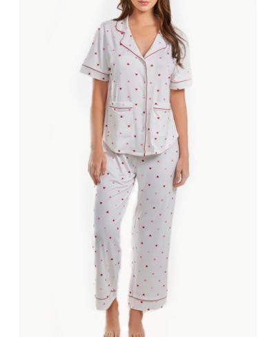 iCollection Women's Kyley Pajama Heart Print Pant Set Trimmed in Red, 2 Piece