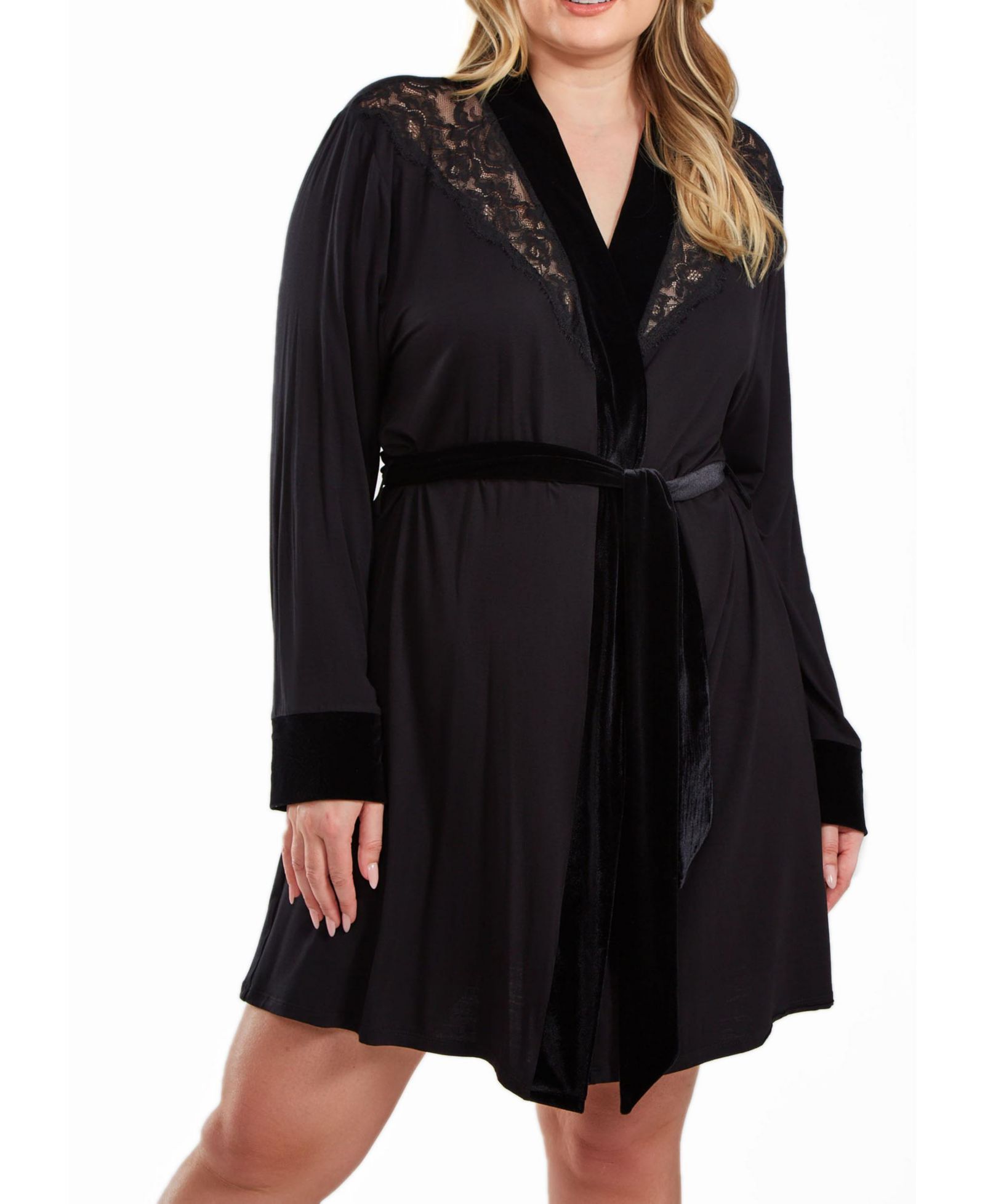 iCollection Layna Plus Size Velore and Velvet Lace Trimmed Self Tie Robe