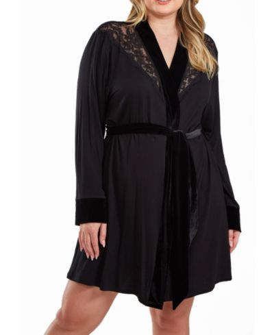 iCollection Layna Plus Size Velore and Velvet Lace Trimmed Self Tie Robe