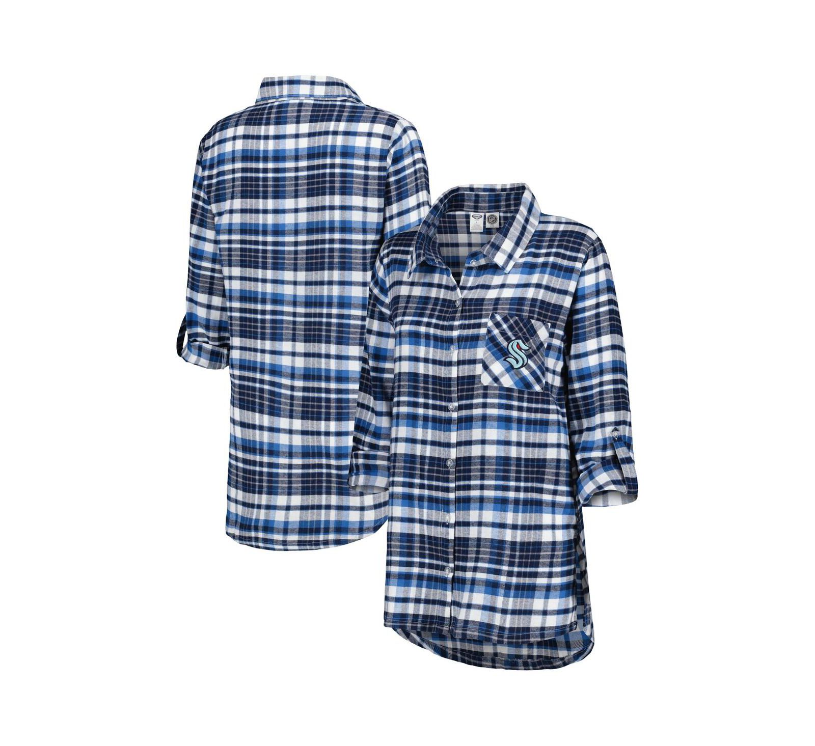 Women's Concepts Sport Deep Sea Blue Seattle Kraken Mainstay Flannel Full-Button Three-Quarter Sleeve Nightshirt