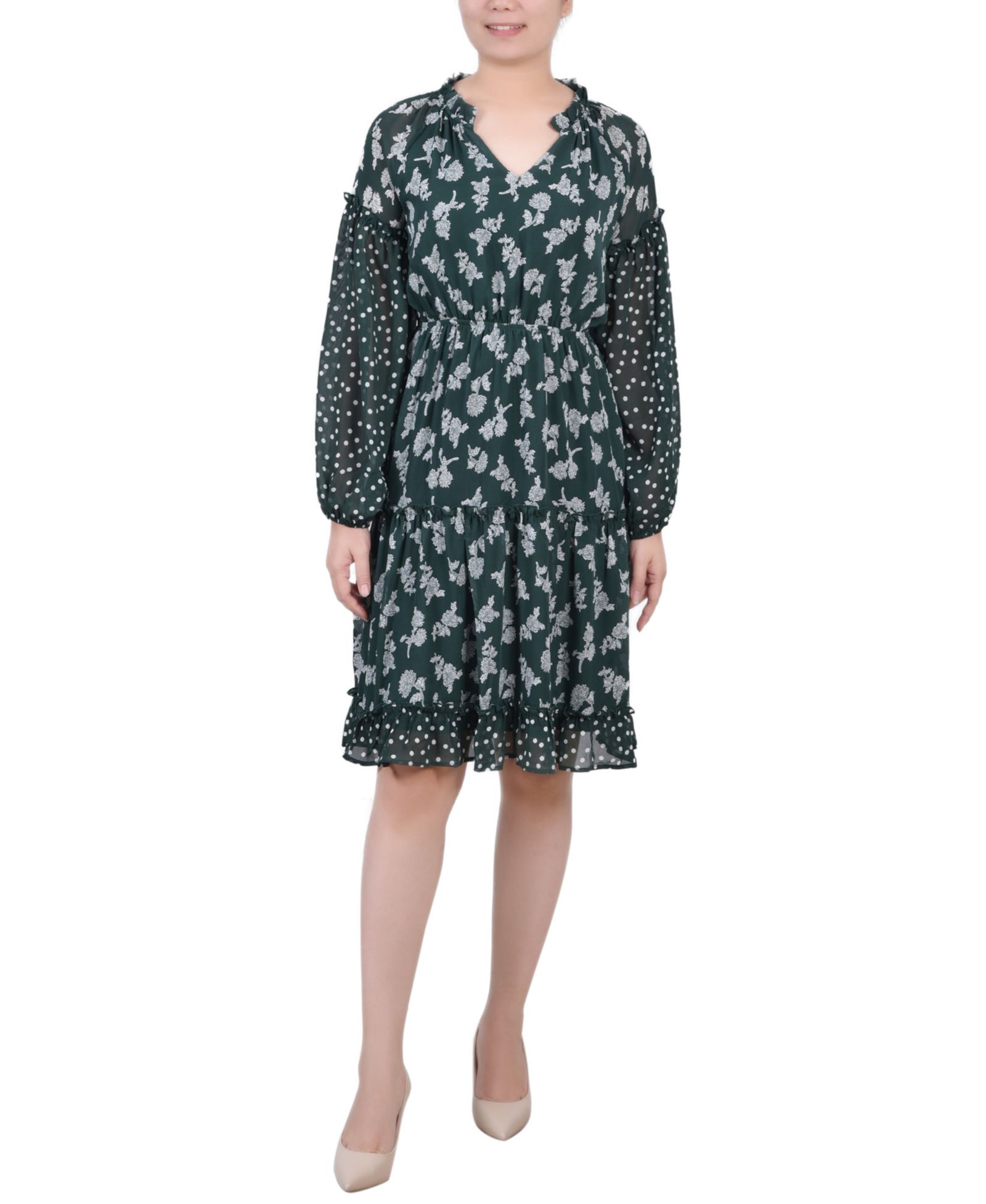 NY Collection Petite Long Sleeve Combo Chiffon Dress