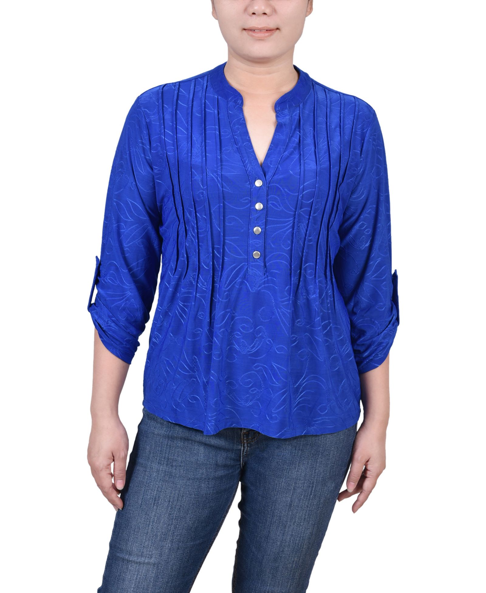 NY Collection Petite 3/4 Roll Tab Pullover Top