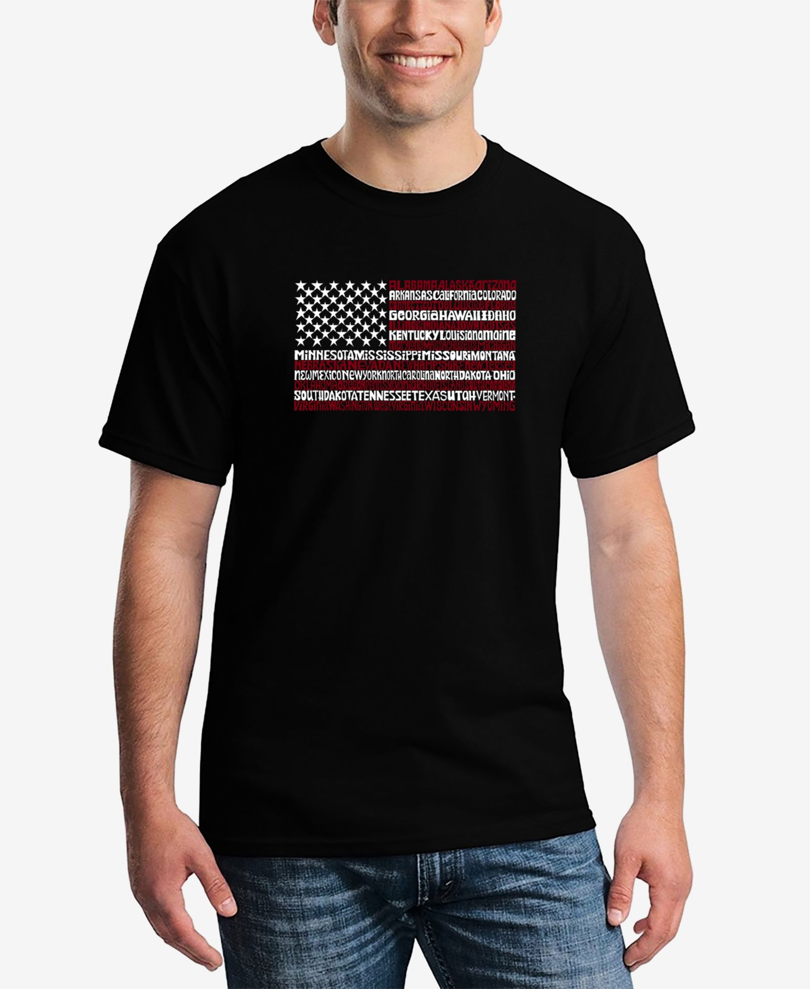 LA Pop Art Men's 50 States USA Flag Word Art Short Sleeve T-shirt