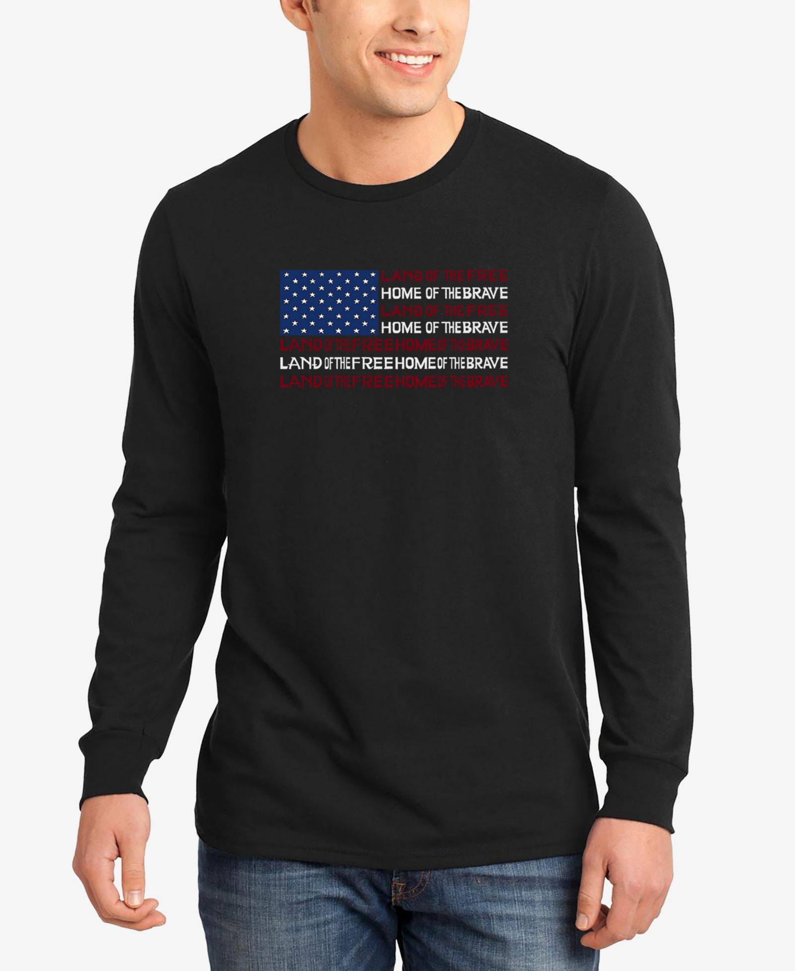 LA Pop Art Men's Land of the Free American Flag Word Art Long Sleeves T-shirt