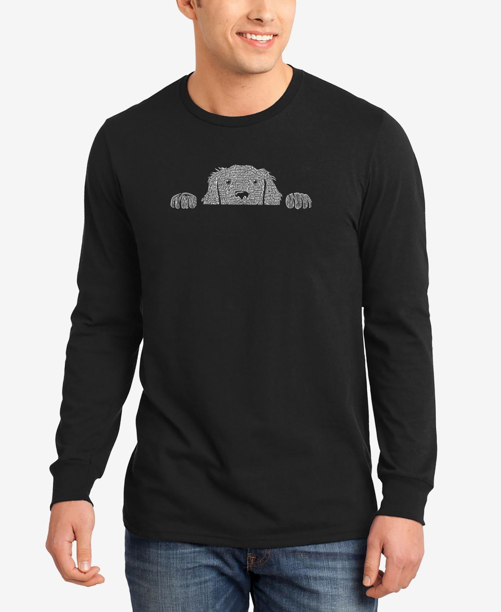 LA Pop Art Men's Peeking Dog Word Art Long Sleeves T-shirt