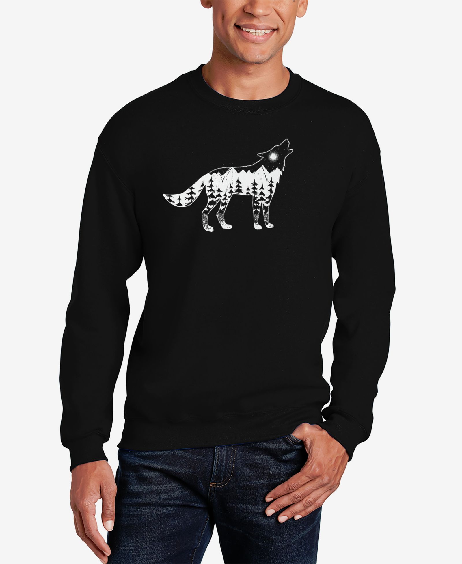 LA Pop Art Men's Howling Wolf Word Art Crew Neck Sweatshirt