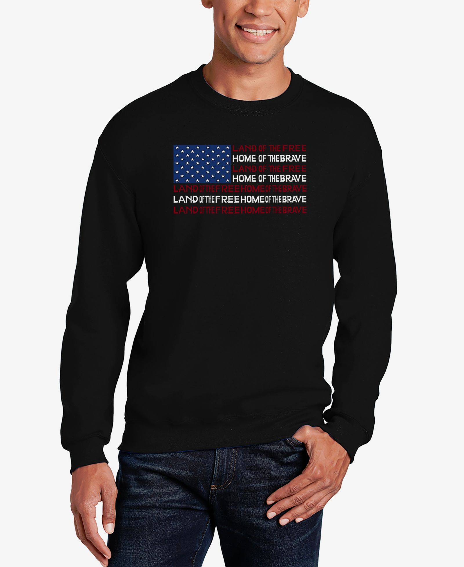 LA Pop Art Men's Land of the Free American Flag Word Art Crew Neck Sweatshirt