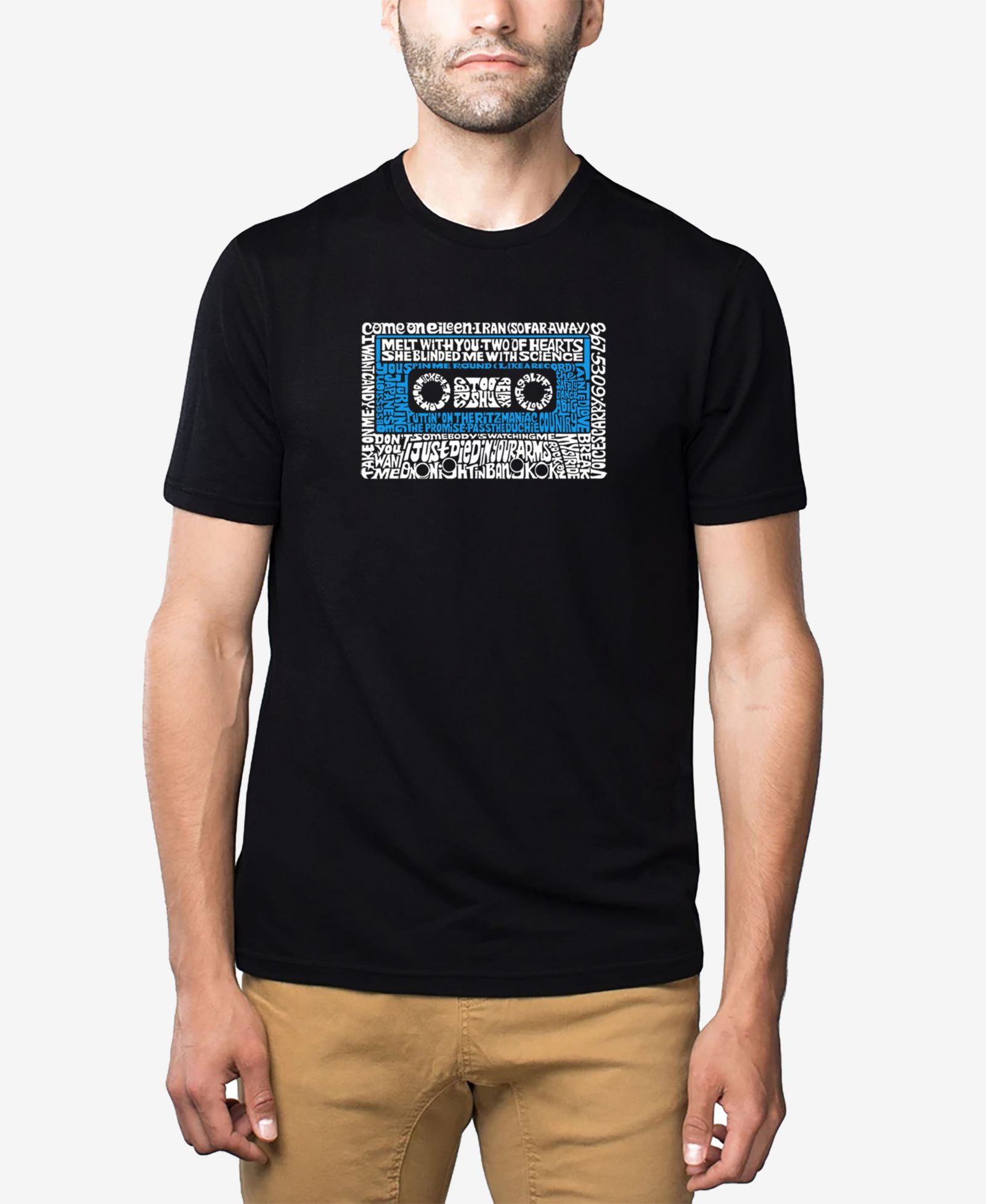 LA Pop Art Men's Cotton/Poly Blend Word Art 80s One Hit Wonders Cassette T-shirt
