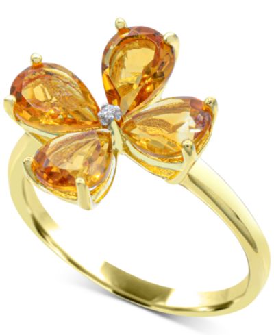 Кольцо с цитрином (2-1/4 ct. t.w.) и бриллиантовым акцентом в цветочном стиле, позолоченное серебро 14k