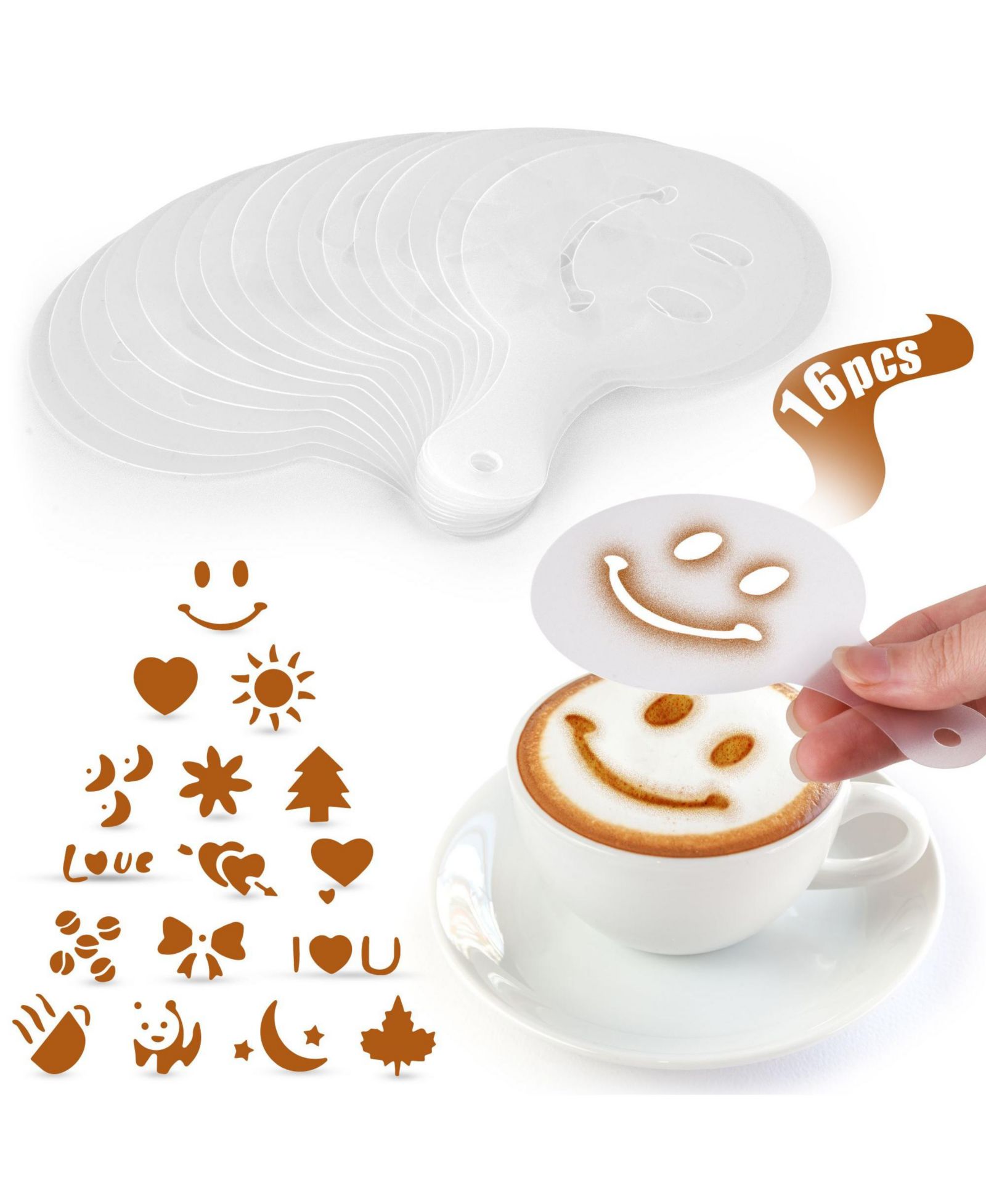 Zulay Kitchen 16-Piece Barista Plastic Decorative Coffee Stencils for Latte Art