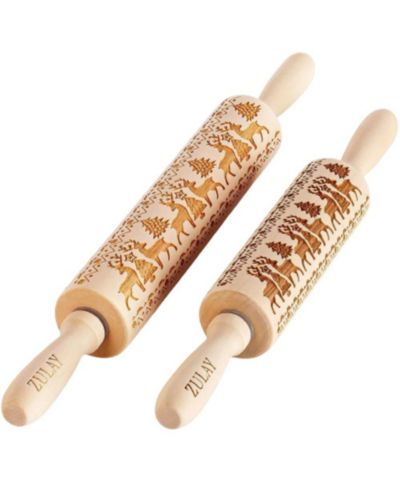 Zulay Kitchen (Set of 2) Large & Small Wooden Carved Christmas Rolling Pin