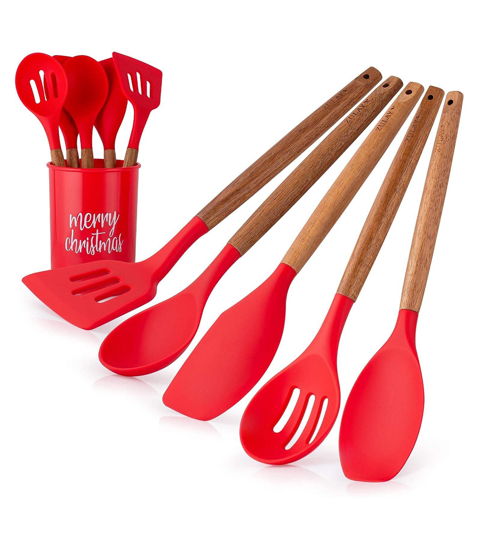 Zulay Kitchen 5-Piece Non-Stick Silicone & Acacia Wood Cooking Utensil Set with Holder