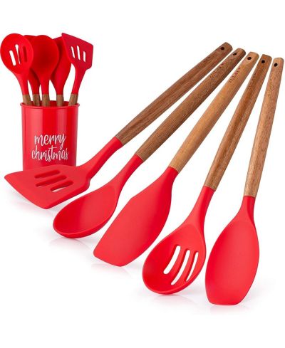 Zulay Kitchen 5-Piece Non-Stick Silicone & Acacia Wood Cooking Utensil Set with Holder