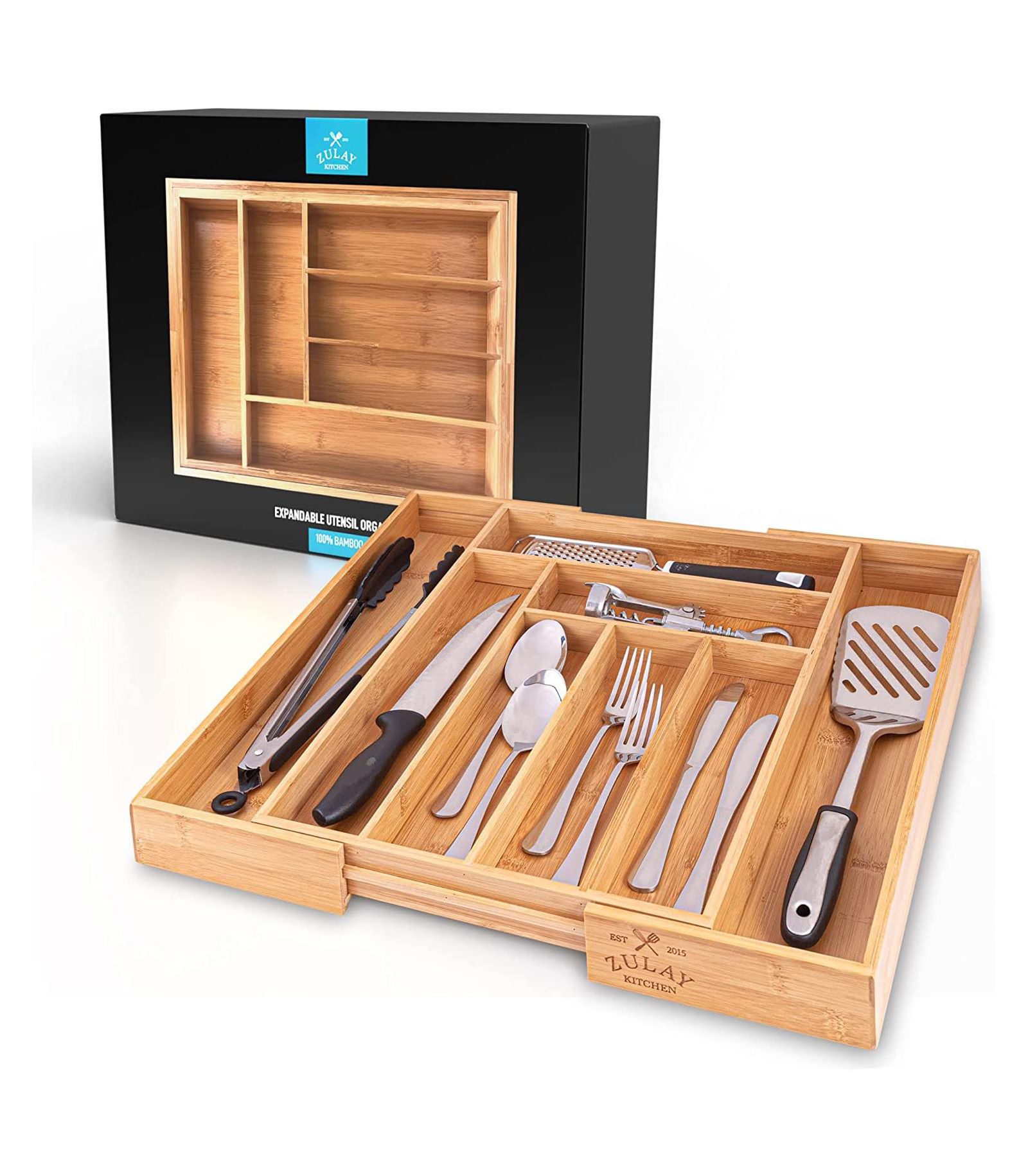Zulay Kitchen Adjustable Bamboo Kitchen Utensil Drawer Organizer