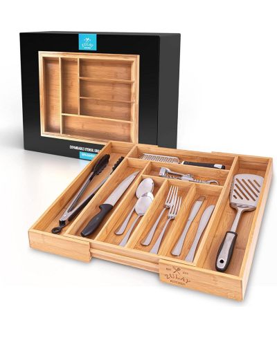 Zulay Kitchen Adjustable Bamboo Kitchen Utensil Drawer Organizer