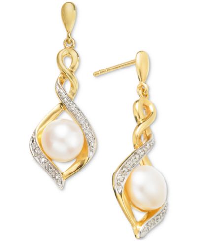 Серьги-подвески Cultured Freshwater Pearl (7 mm) & Cubic Zirconia Twist Drop в 14k Two-Tone Gold-Plated Sterling Silver