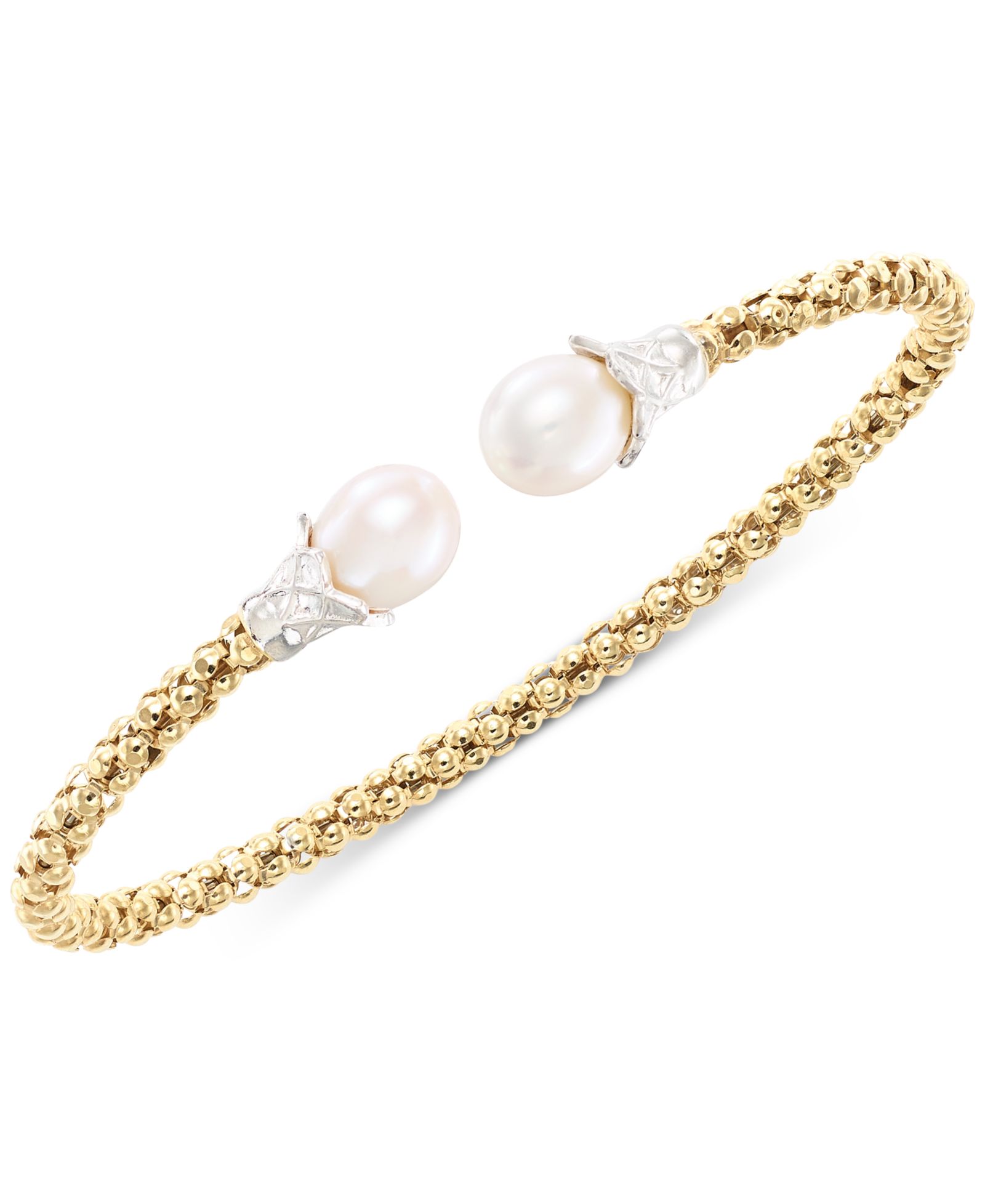 Cultured Freshwater Pearl (7 1/4 - 8mm) Popcorn Link Cuff Bangle Bracelet in 14k Two-Tone Gold-Plated Sterling Silver