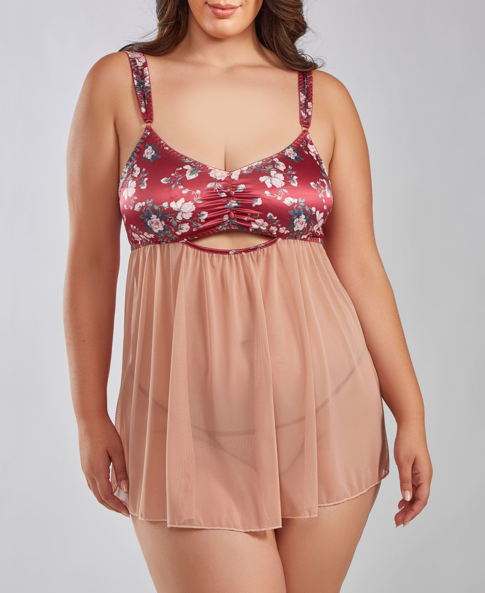 iCollection Kia Plus Size Mesh and Smooth Micro Floral Soft Bra Babydoll with Matching Panty, 2 Piece