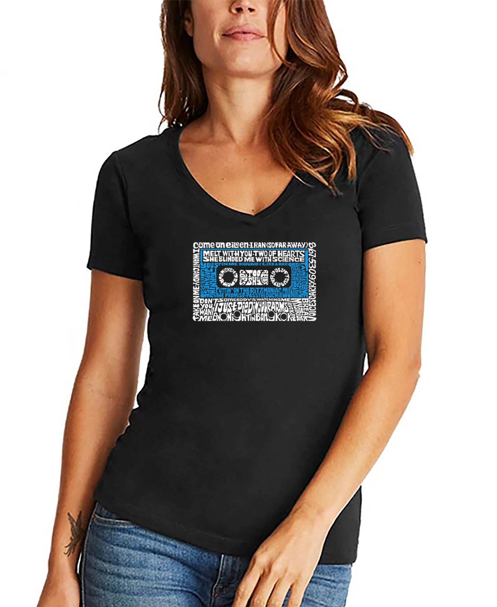 LA Pop Art Women's 80s One Hit Wonders Word Art V-neck T-shirt
