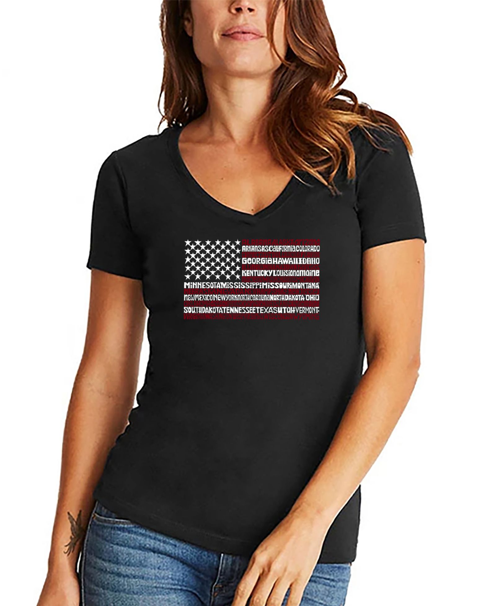 LA Pop Art Women's 50 States USA Flag Word Art V-neck T-shirt
