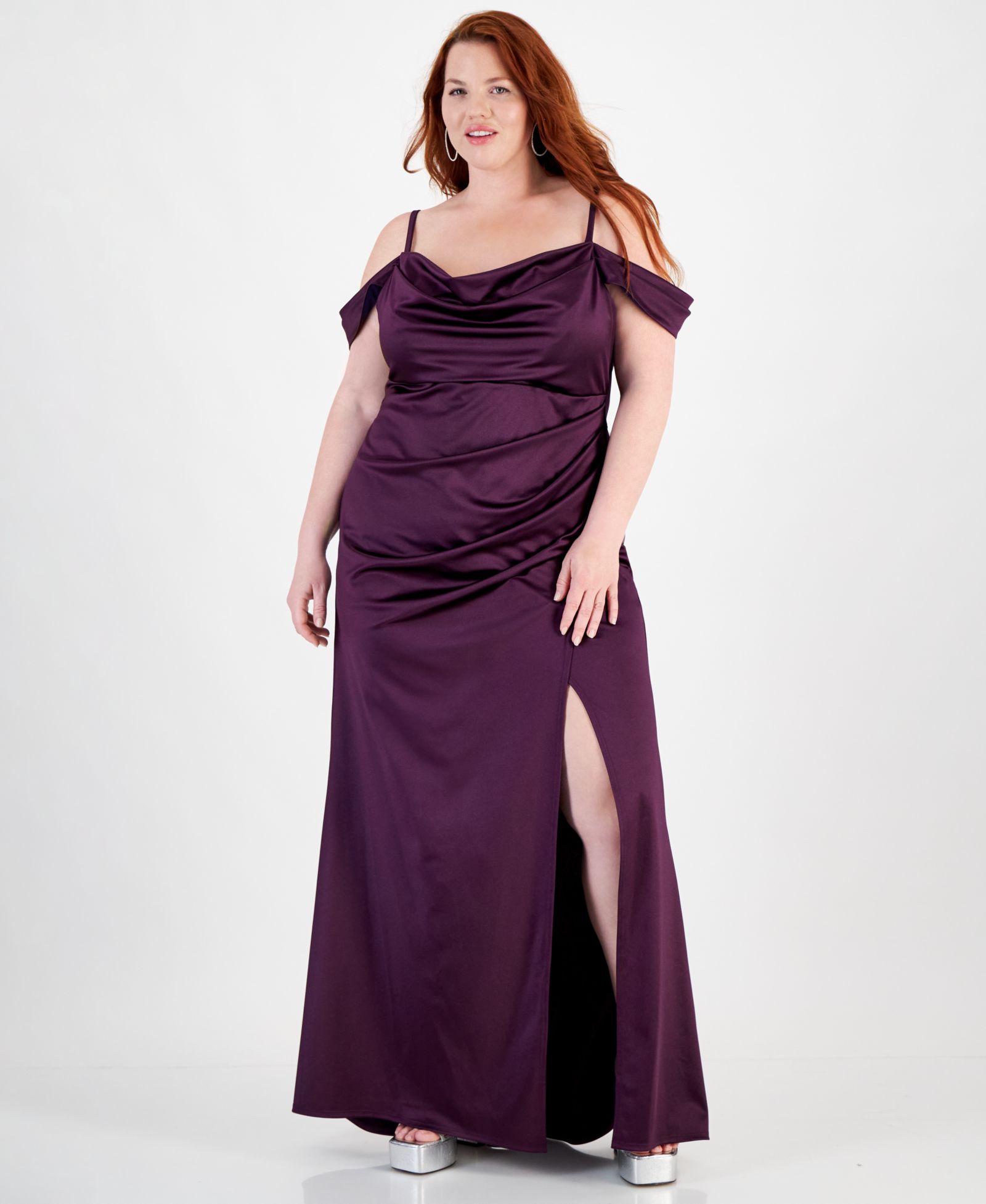 B Darlin Trendy Plus Size Off-The-Shoulder Satin Gown