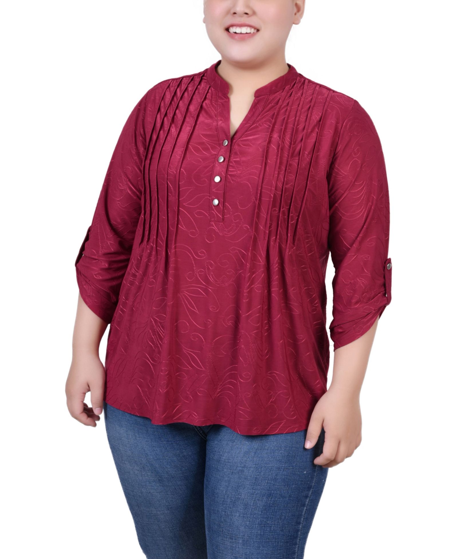 NY Collection Plus Size 3/4 Roll Tab Pullover Top