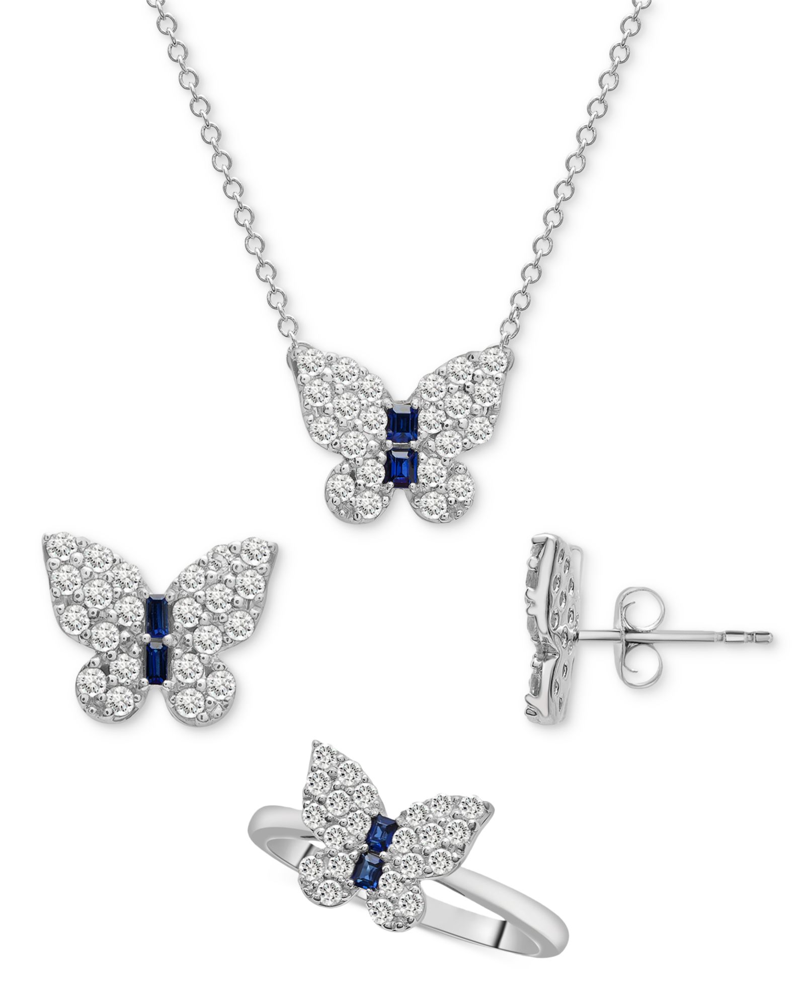 3-Pc. Set Lab-grown White Sapphire (2-1/5 ct. t.w.) & Lab-grown Blue Sapphire (1/4 ct. t.w.) Butterfly Pendant Necklace, Stud Earrings, and Ring in Sterling Silver
