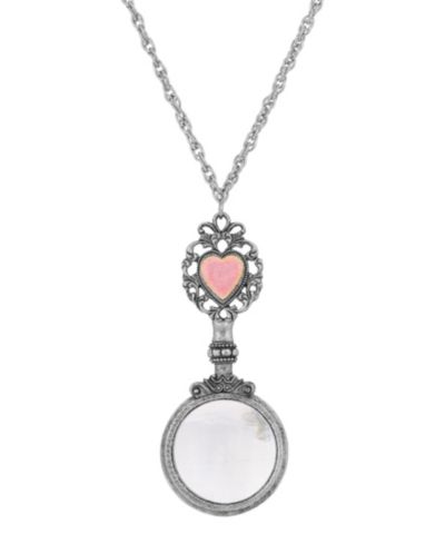 2028 Pewter Pink Heart Magnifying Glass Pendant Necklace