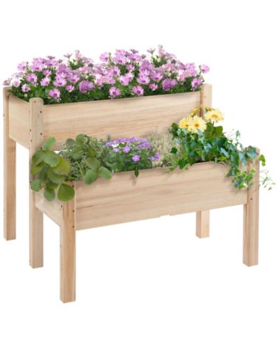 Outsunny 2-Tier Raised Garden Bed 34"x34"x28" Wood Planter Sd Plant Grow Box