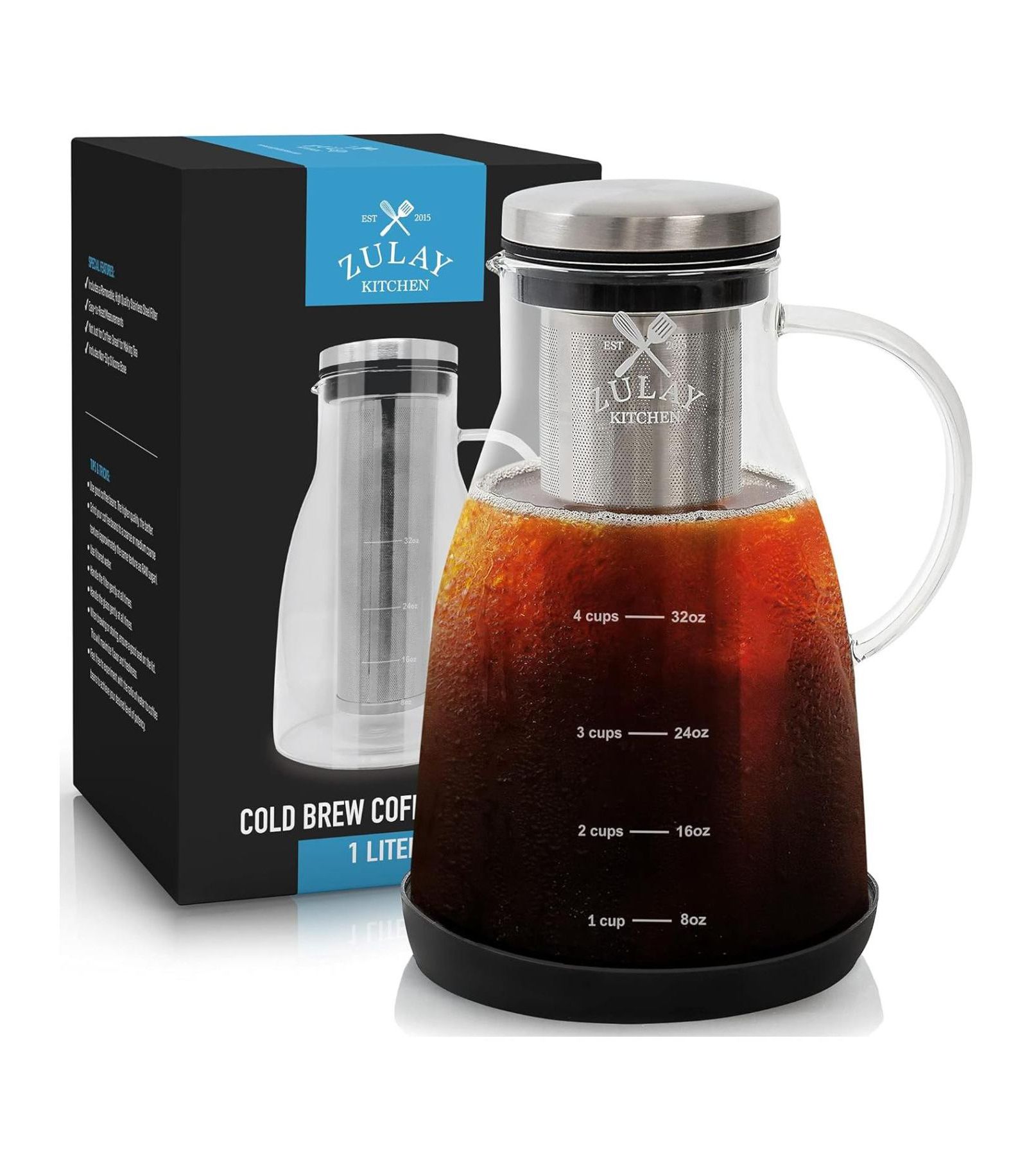 Zulay Kitchen Airtight Cold Brew Coffee Maker with Extra Thick Glass Carafe, Stainless Steel Mesh Filter, and Non-Slip Silicone Base