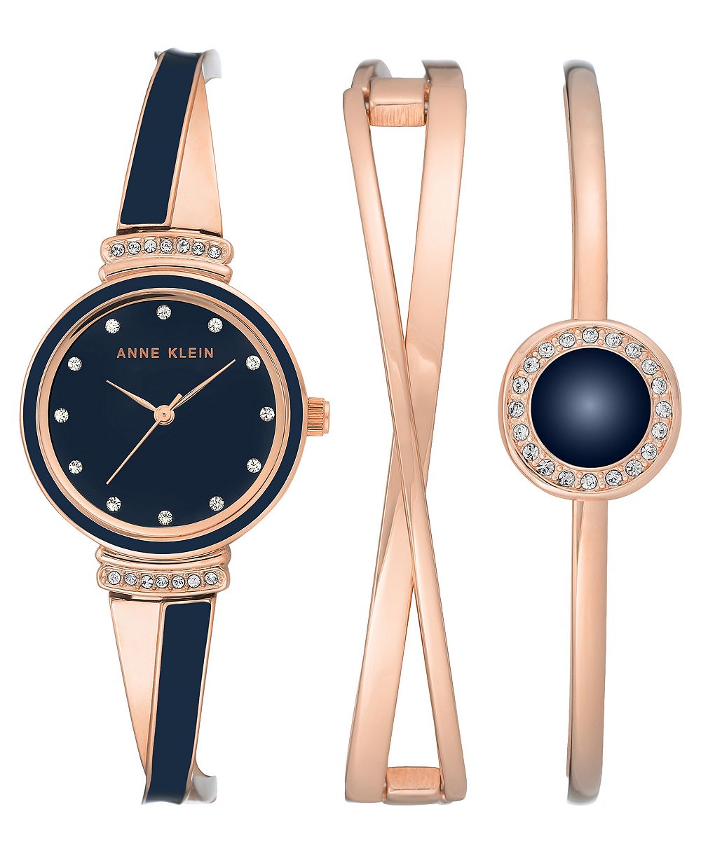 Anne Klein Women's Rose Gold-Tone Alloy Bangle with Navy Enamel and Crystal Accents Fashion Watch 33mm Set 3 Pieces