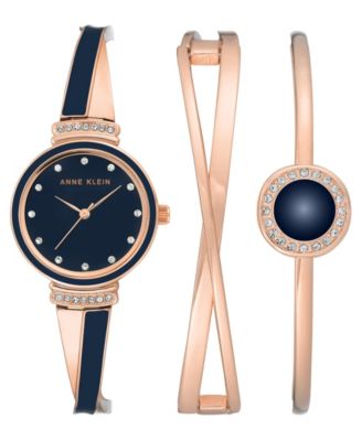 Anne Klein Женские часы с браслетом из сплава Rose Gold-Tone, синей эмалью и кристаллами, набор 3 шт. 33mm