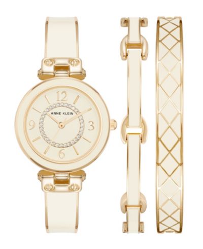 Anne Klein Women's Gold-Tone Alloy Bangle с белой эмалью и кристаллами, Fashion Watch 33mm Set 3 Pieces