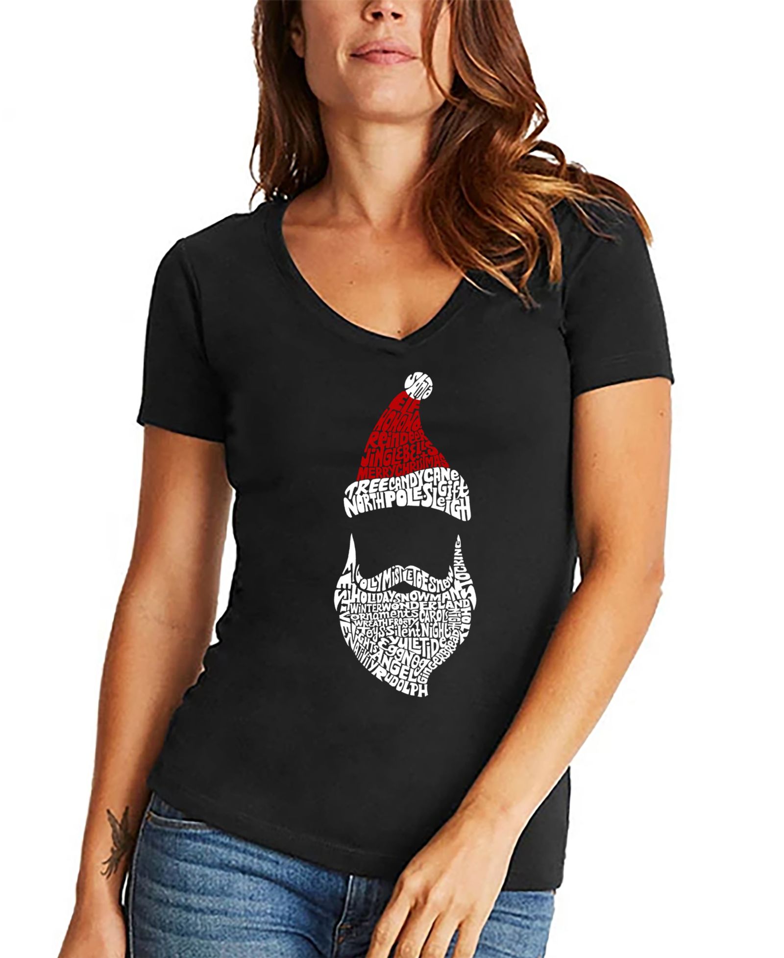 LA Pop Art Women's Santa Claus Word Art V-Neck T-shirt
