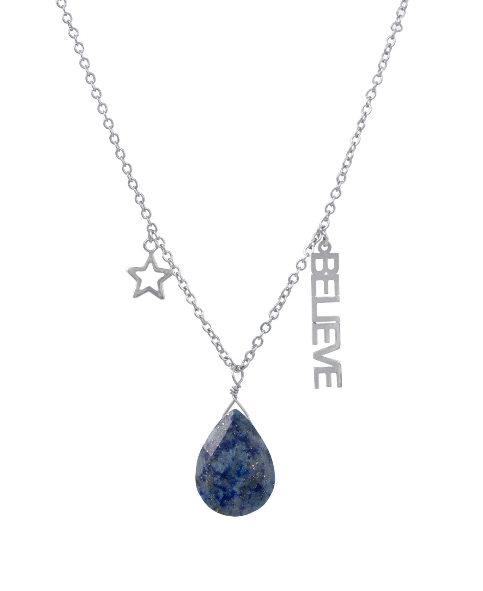 Macy's Lapis Pear Shape Bead 16mm Believe Charm Necklace in Fine Silver Plated Brass