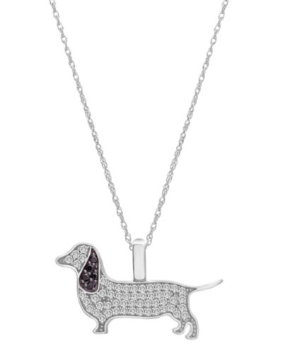 White Diamond (1/5 ct. t.w.) & Black Diamond (1/20 ct. t.w.) Dachshund Pendant Necklace in 10k White Gold, 16" + 2" extender, Created for Macy's