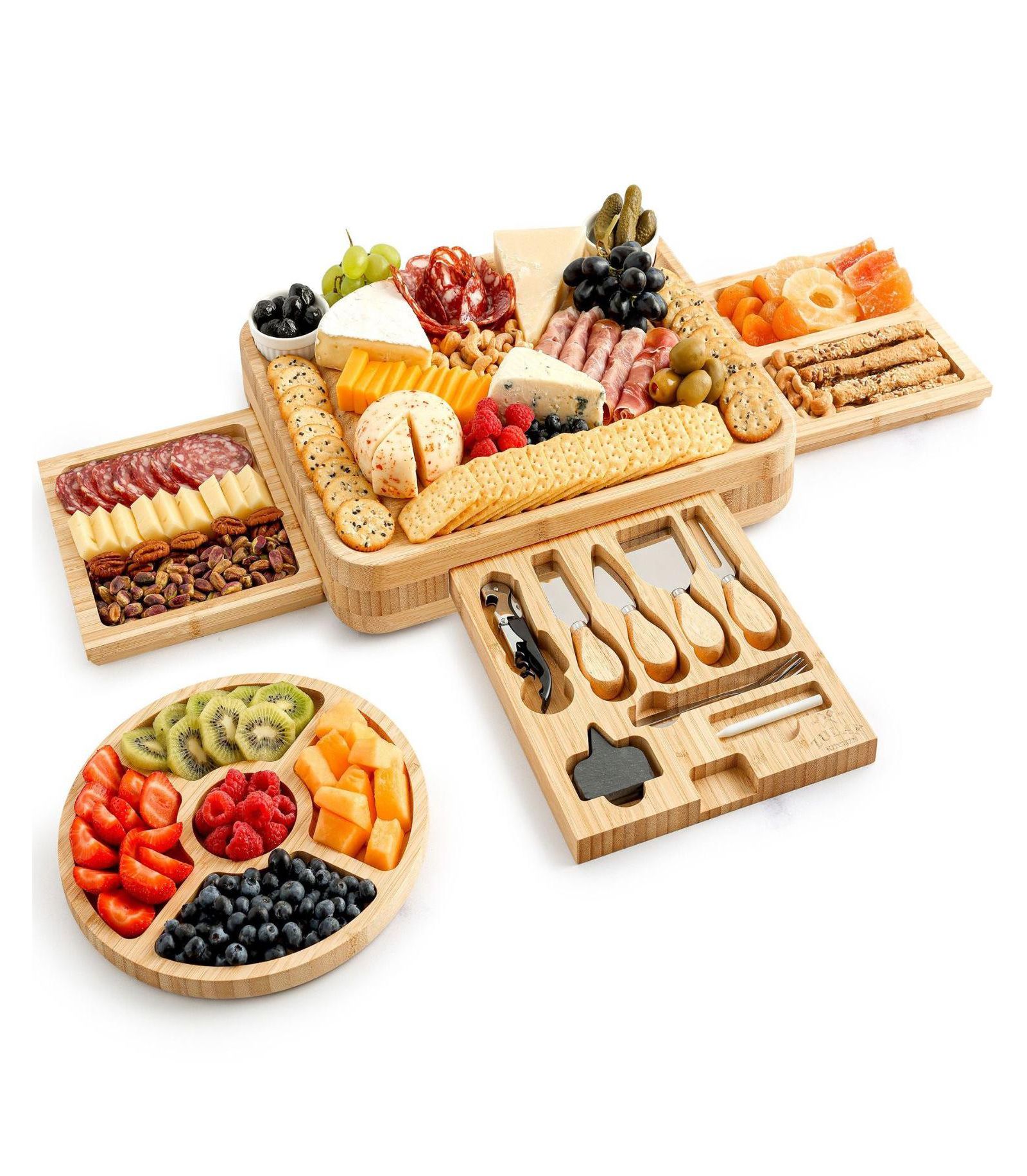 Zulay Kitchen Premium Bamboo Cheese Board Deluxe Set with 4 Piece Knife Set