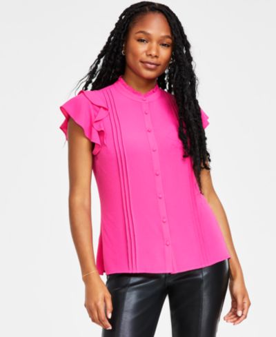 CeCe Women's Short Sleeve Pin-tuck Ruffled Button-up Blouse