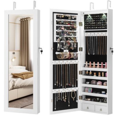 Wall Mount Mirrored Jewelry Cabinet Organizer LED Lights