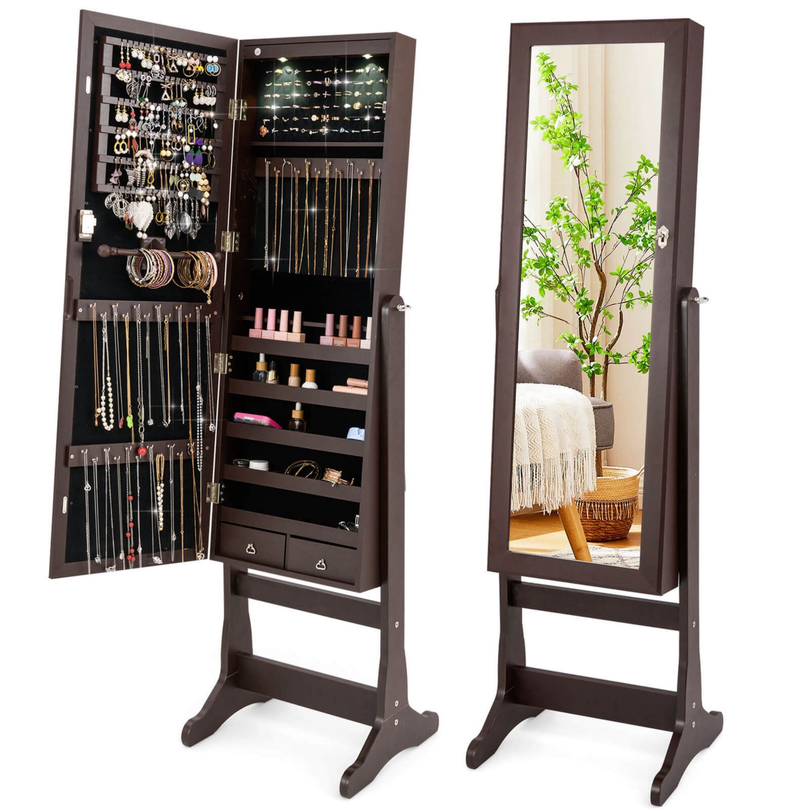 Mirrored Jewelry Cabinet Organizer Storage Stand w/LED Lights