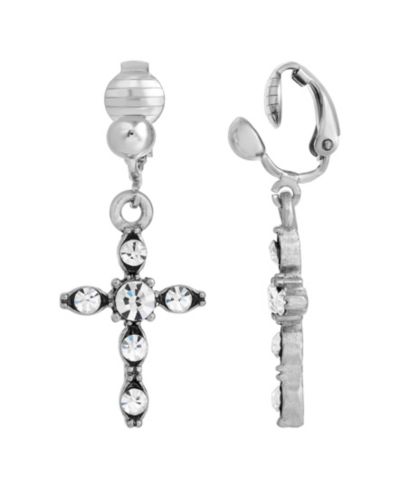 Серьги-клипсы Symbols of Faith Silver-Tone Crystal Cross