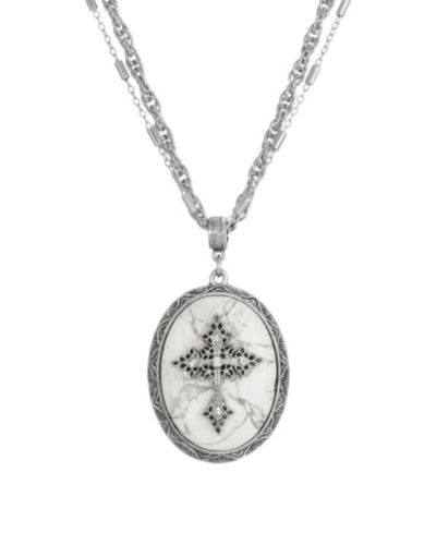 Symbols of Faith Pewter Cross White Howlite Oval Necklace