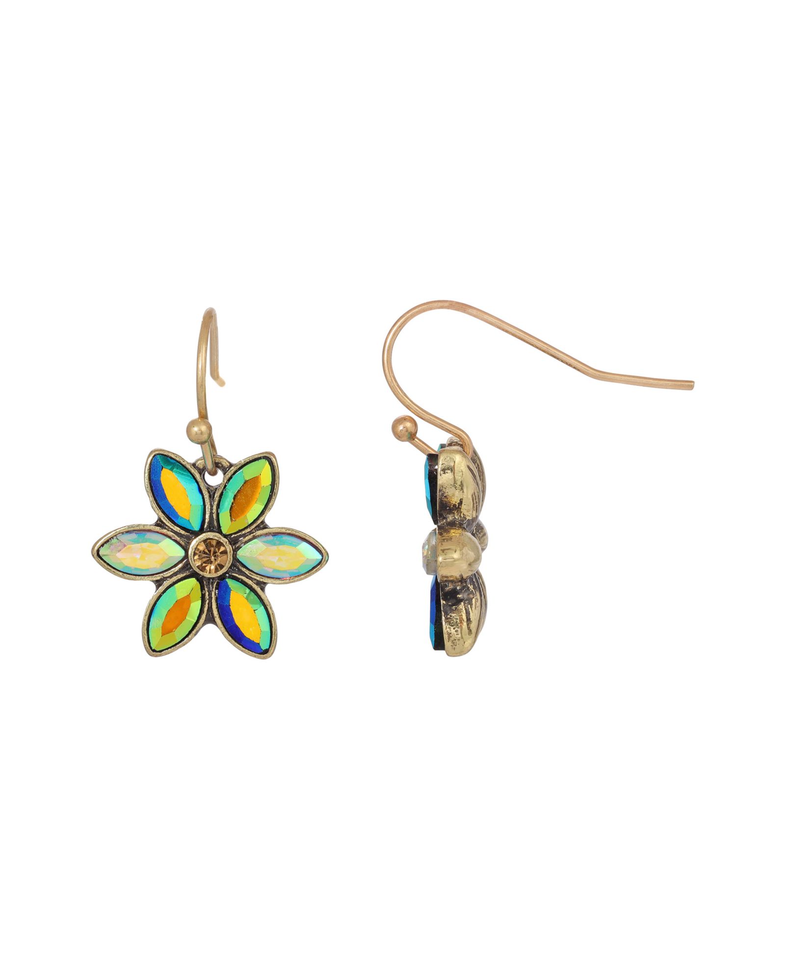 2028 Blue Iridescent AB Glass Stone Flower Earrings