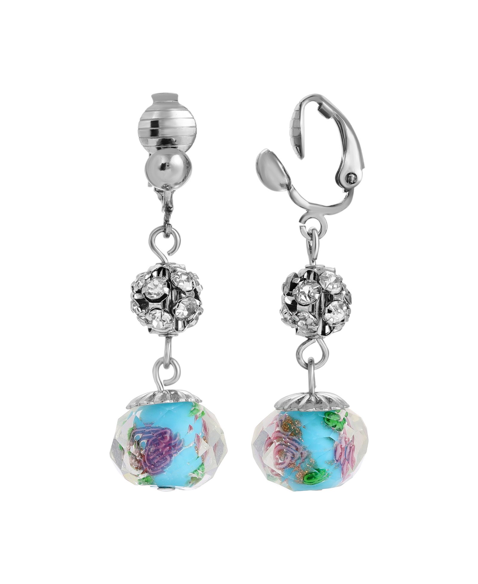 Серьги-клипсы 2028 Aqua and Pink Flower Bead с Crystals