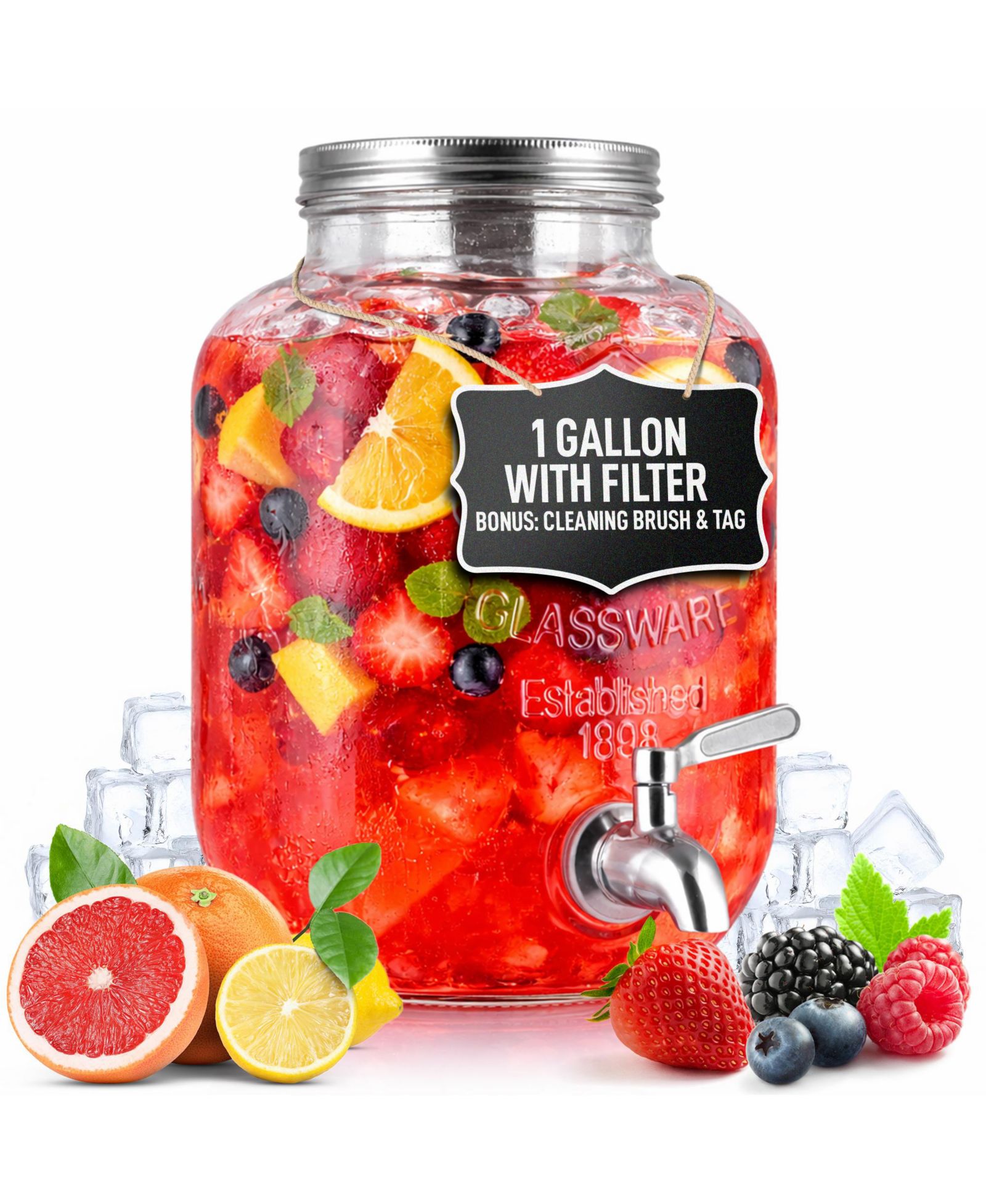 Стеклянный диспенсер для напитков 1 Gallon с краником и фильтром из нержавеющей стали