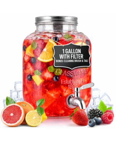 1 Gallon Glass Drink Dispenser with Spout and Stainless Filter