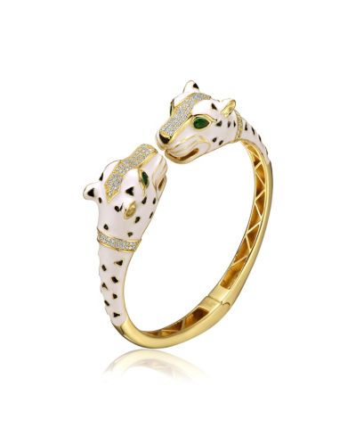 Женский браслет-браслетка Genevive с черными фианитами и пантерой, позолота 14K