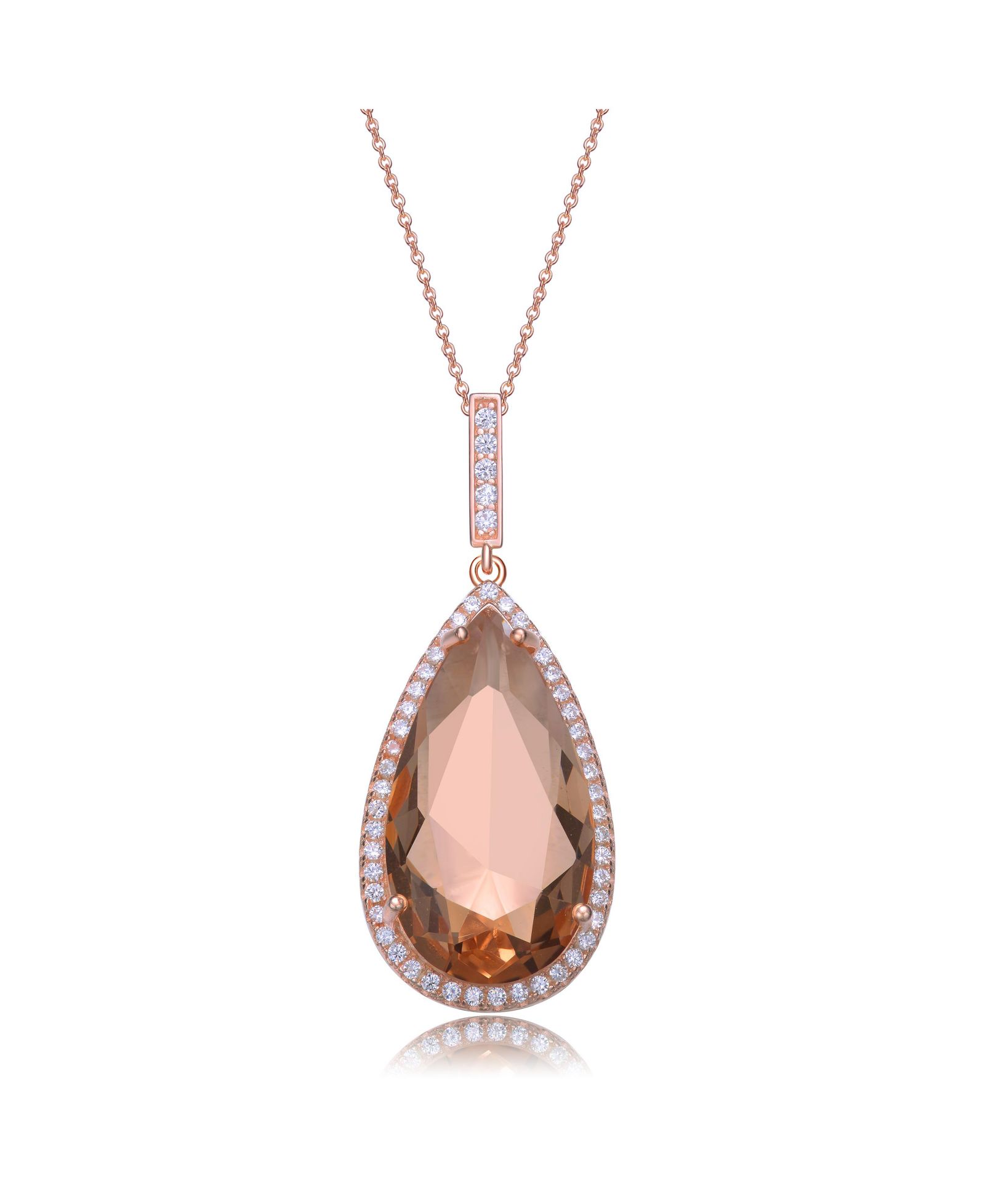 Genevive Sterling Silver 18K Rose Gold Plated Pear Shaped Pink Cubic Zirconia Pendant Necklace