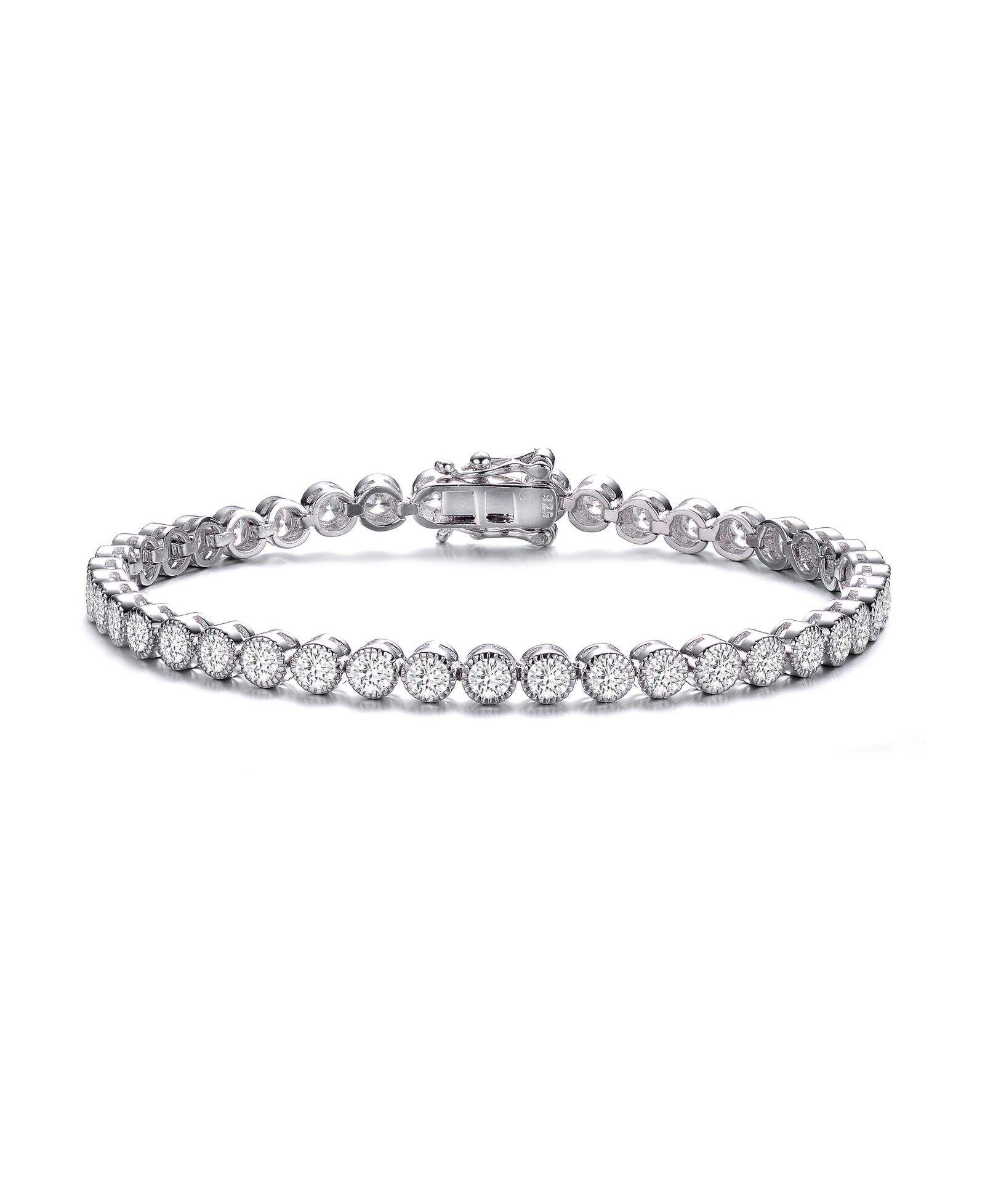 Elegant Sterling Silver Tennis Bracelet with Rhodium Plating and Clear Round Cubic Zirconia in Milgrain Bezel Setting
