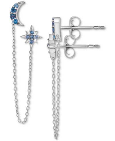 Серьги-подвески Moon & Star Double Pierced Chain Drop из стерлингового серебра с London Blue Topaz (1/2 ct. t.w.)